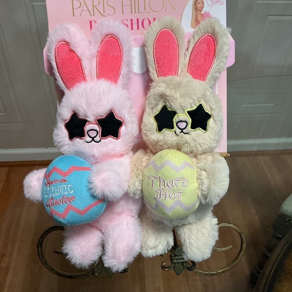 Brand New Set Of 2 Easter Paris Hilton Bunnies Dog  Toy- Very Solf  Squeaker 10” - Picture 2 of 6